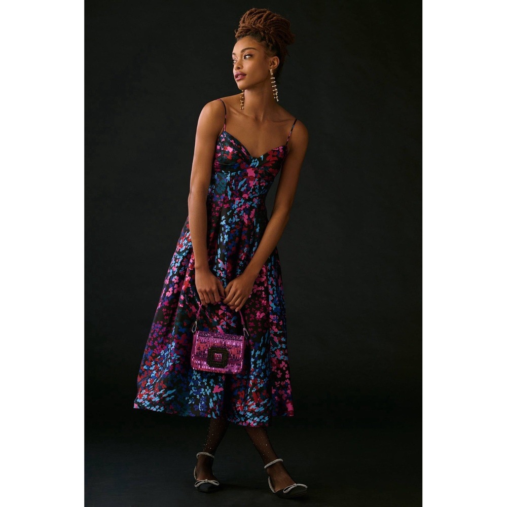 ML Monique Lhuillier Women's 4 Mikado Cocktail Midi Dress Vibrant Floral A-Line